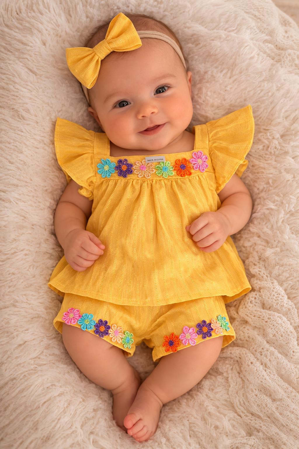Een lachend baby'tje ligt op een zachte beige deken, gekleed in een geel bloemenpakje en een bijpassende strik in haar haar.