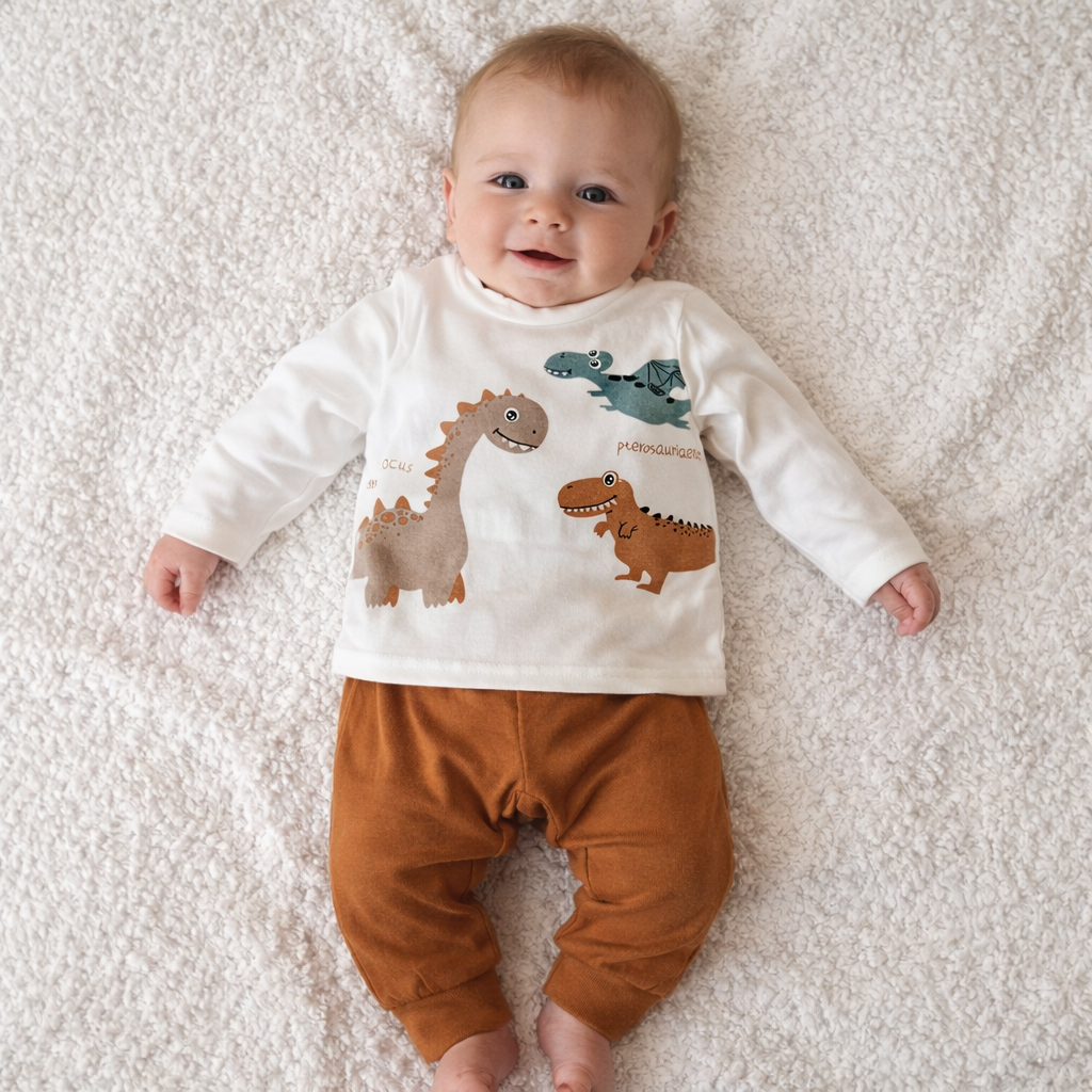 Baby ligt op een witte deken, lachend in een wit dinosaurusshirt en een bruine broek.