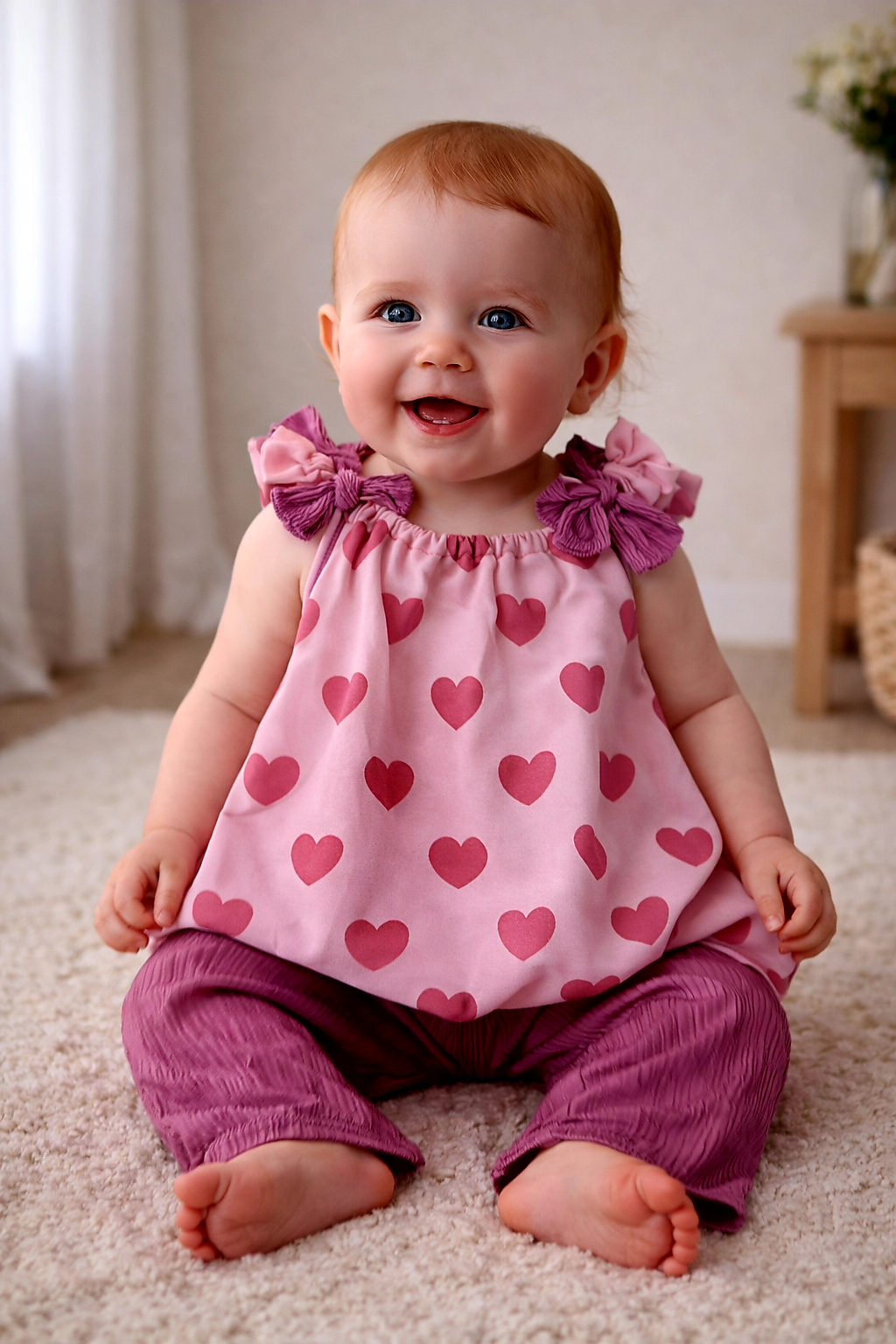 Roze babyoutfit met hartjesprint, bestaande uit een geplooide top en een paarse broek, op een houten achtergrond.