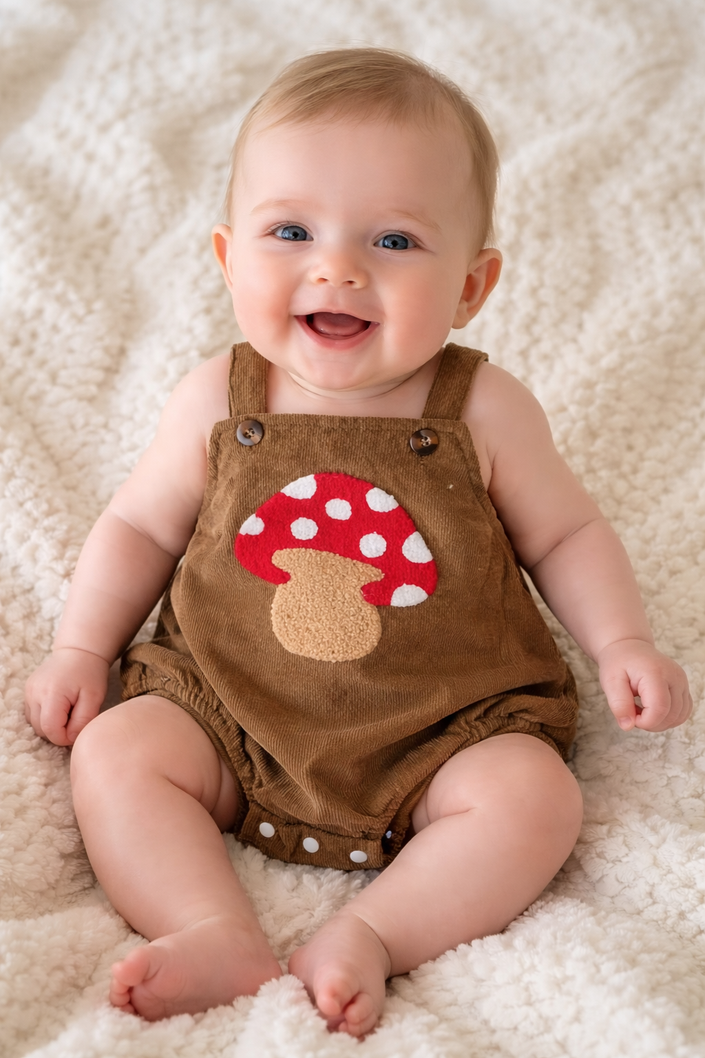 Lachende baby in een bruine overall met een rood-witte paddenstoel op een crèmekleurige deken.