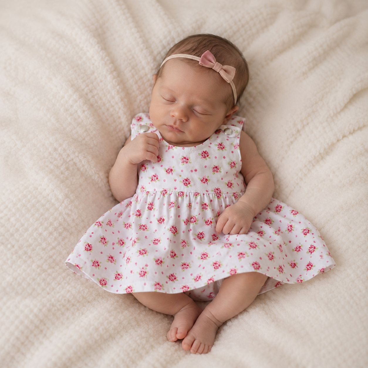 Een slapende baby in een wit jurkje met bloemenprint en een roze haarbandje ligt op een crèmekleurige deken.