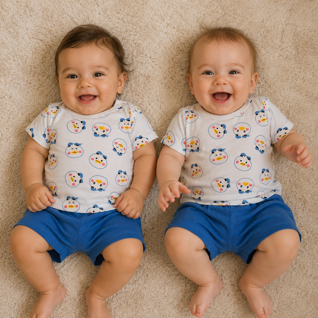 Twee lachende baby's in bijpassende witte shirtjes en blauwe korte broekjes liggen op een beige deken.
