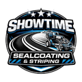 Showtime Sealcoating & Striping logo with a vintage roadster on black and blue