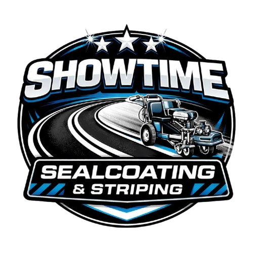 Showtime Sealcoating & Striping logo with a vintage roadster on black and blue