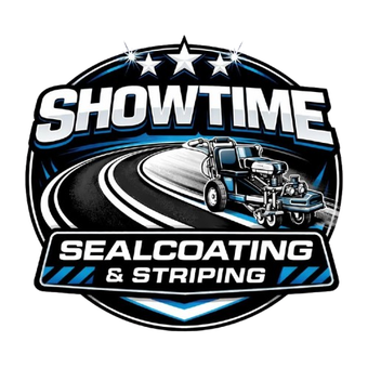 Showtime Sealcoating & Striping logo with a vintage roadster on black and blue