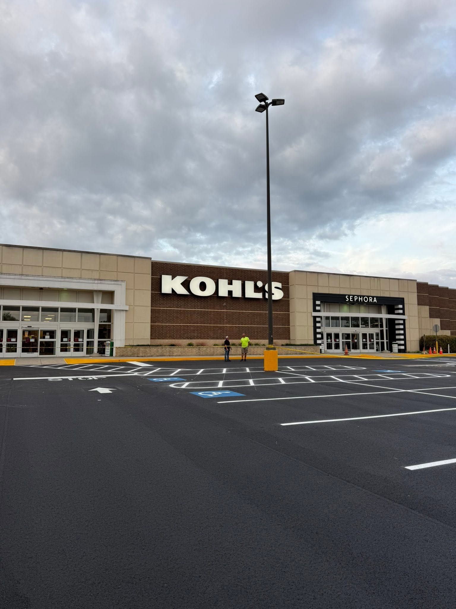 Kohl’s storefront and parking lot under cloudy skies, with a few people near the entrance.
