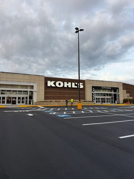 Kohl’s storefront and parking lot under cloudy skies, with a few people near the entrance.