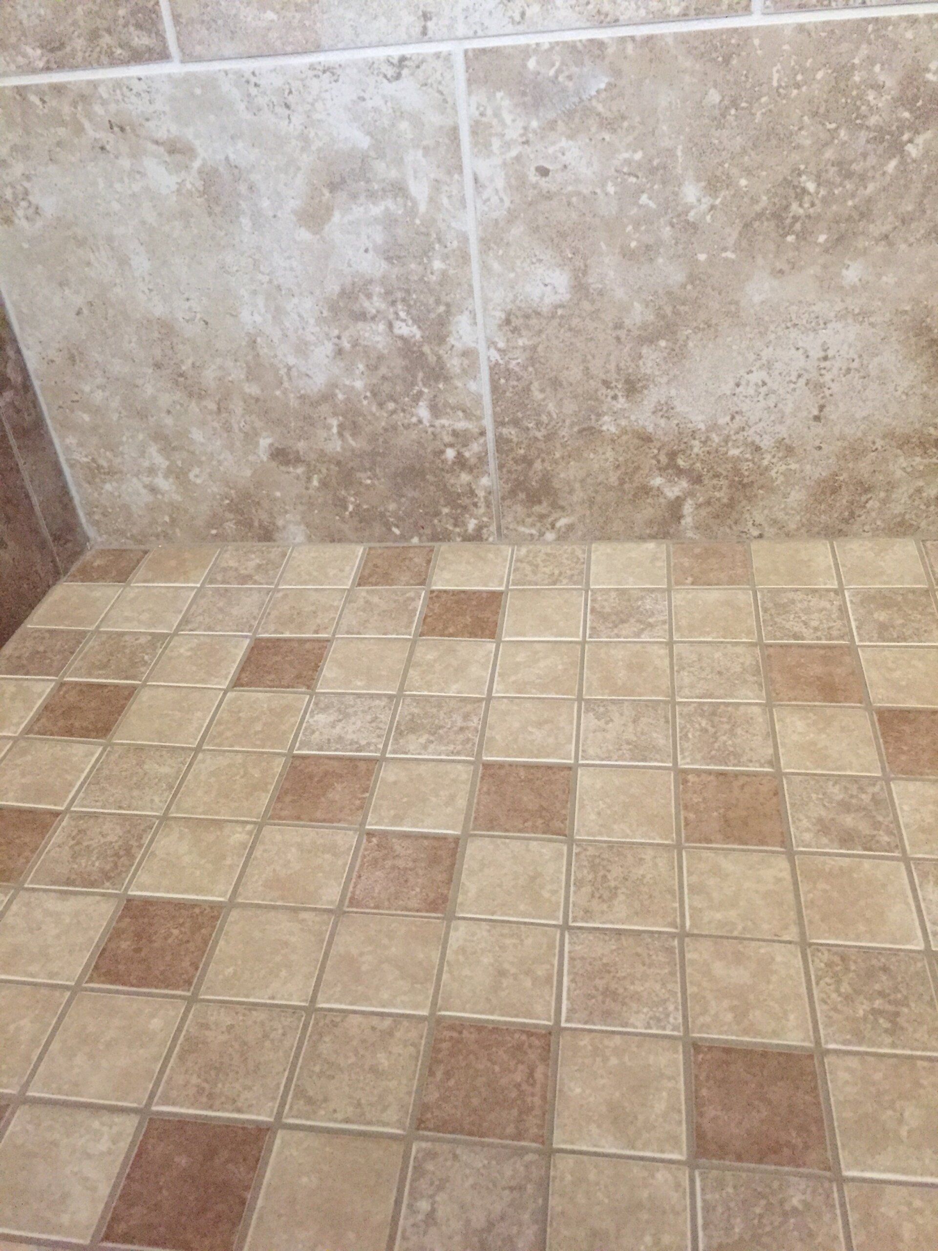 Shower stall with tiled floor and walls; beige and brown tiles.