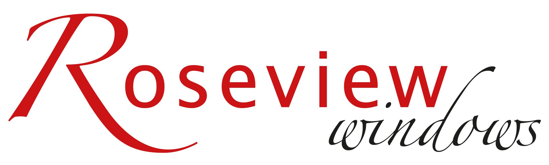 The logo for Roseview Windows, featuring the name in a large, red serif font with