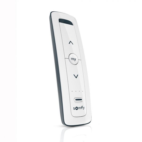 A white Somfy remote control with an up arrow, down arrow, and a central
