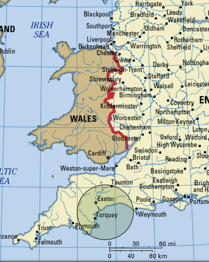 A map of Wales and southern England, highlighting the border in red and a circular coastal area around Torquay.