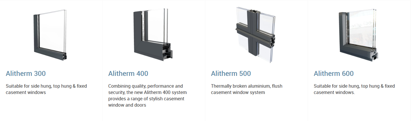 Four product illustrations of window frame profiles with labels and brief descriptive text below each.