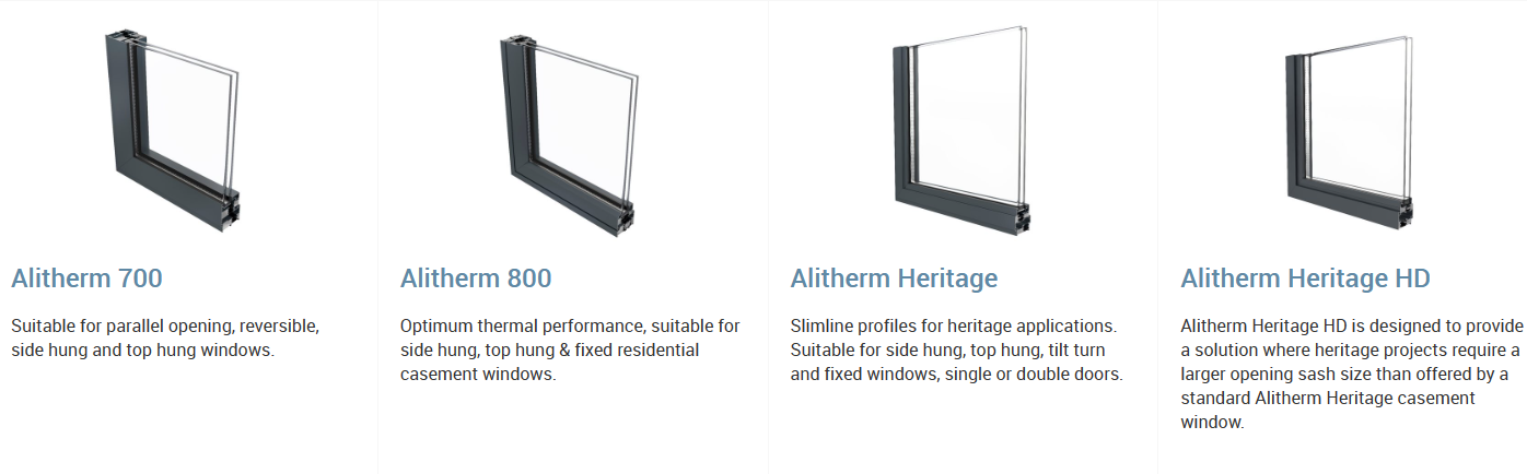 Four window frame profiles labeled Alliance 720, 820, Heritage, and Heritage HD shown from a side-view cross-section angle.