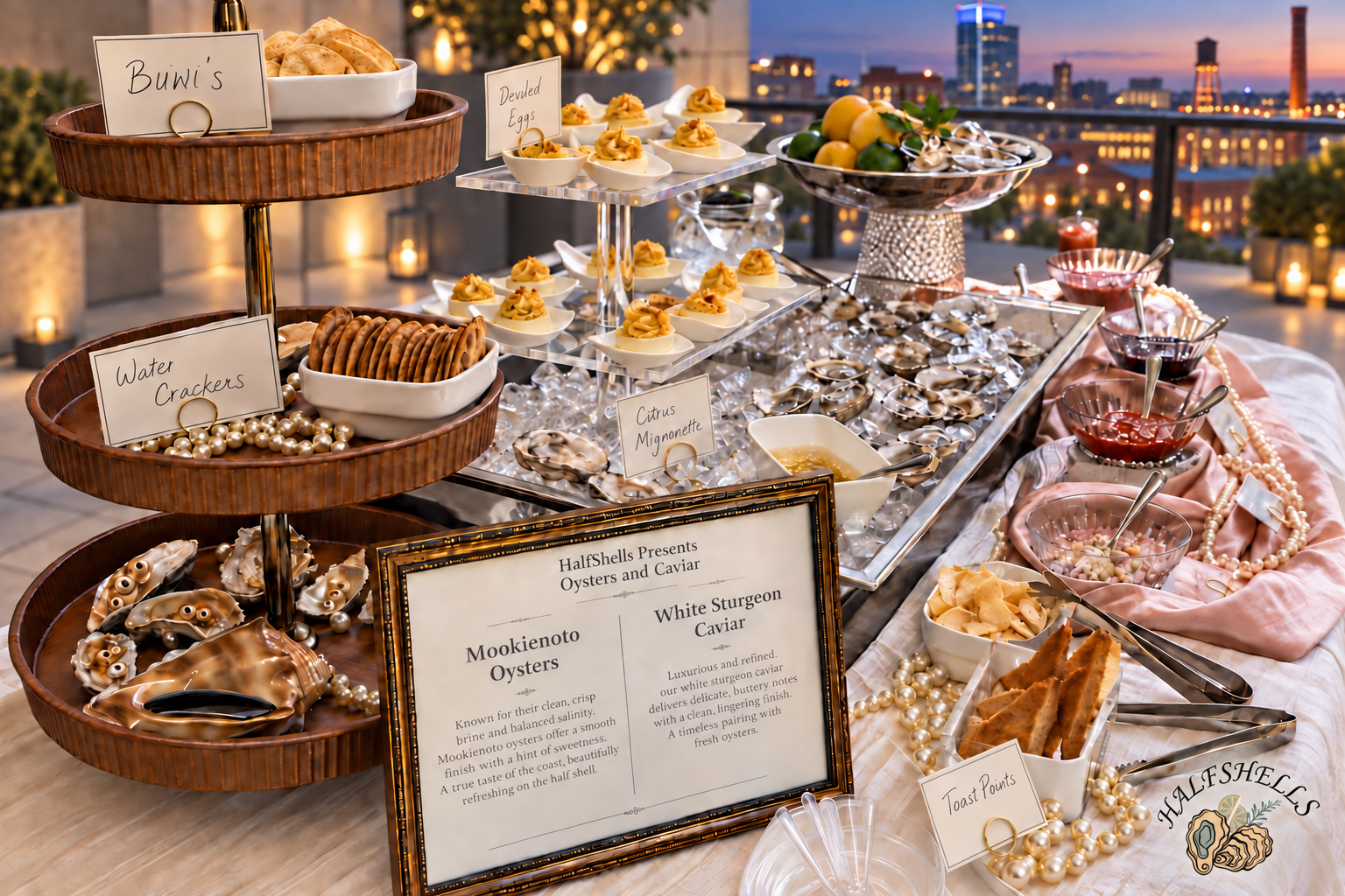 Luxury outdoor oyster bar display at a private event