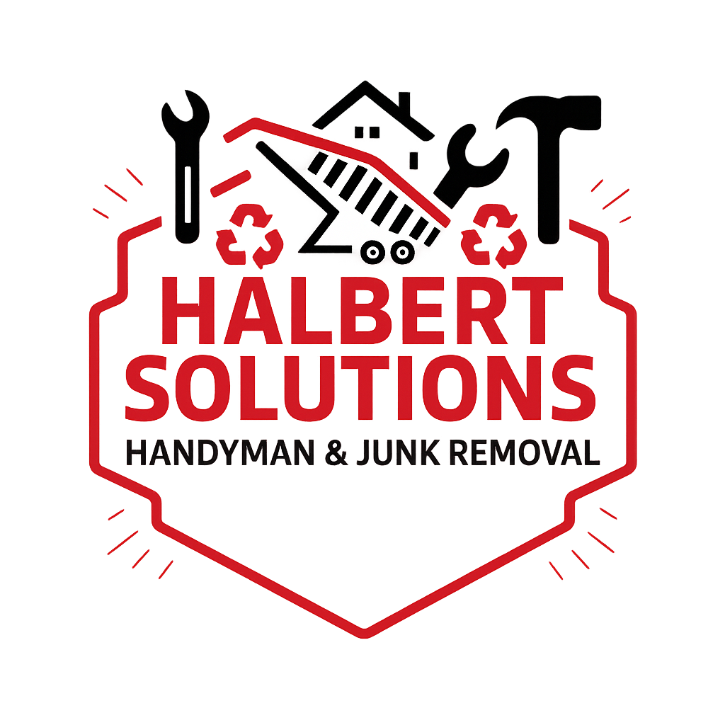 Logo for Halbert Solutions, handyman and junk removal services; red and black with tools and house icons.
