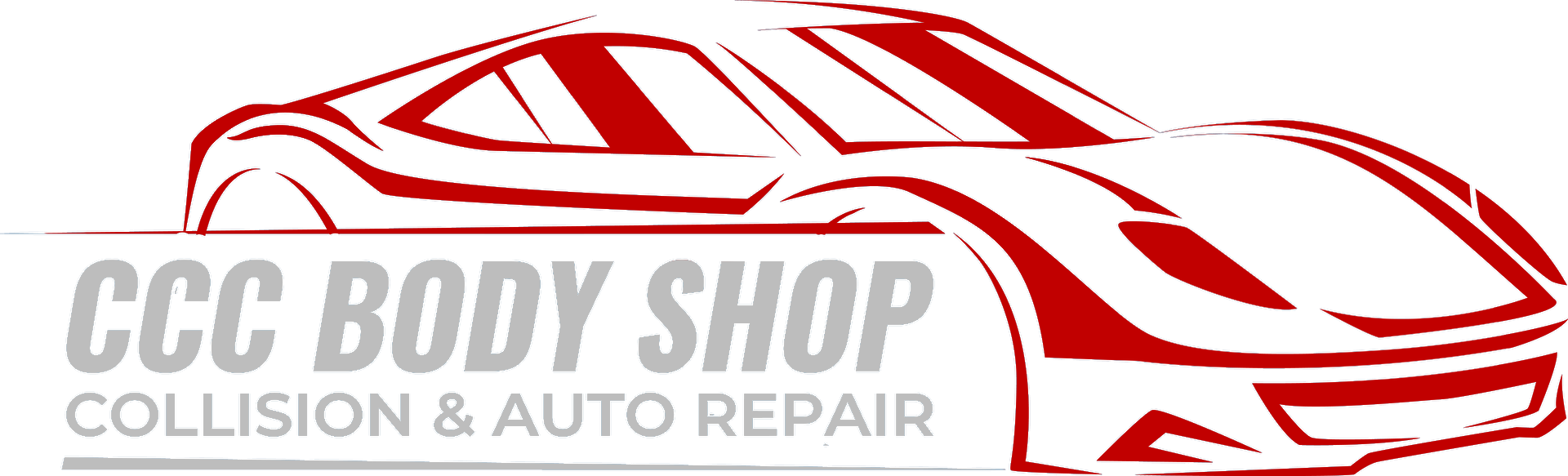 Logo for CCC Body Shop: Red sports car outline above gray text, 