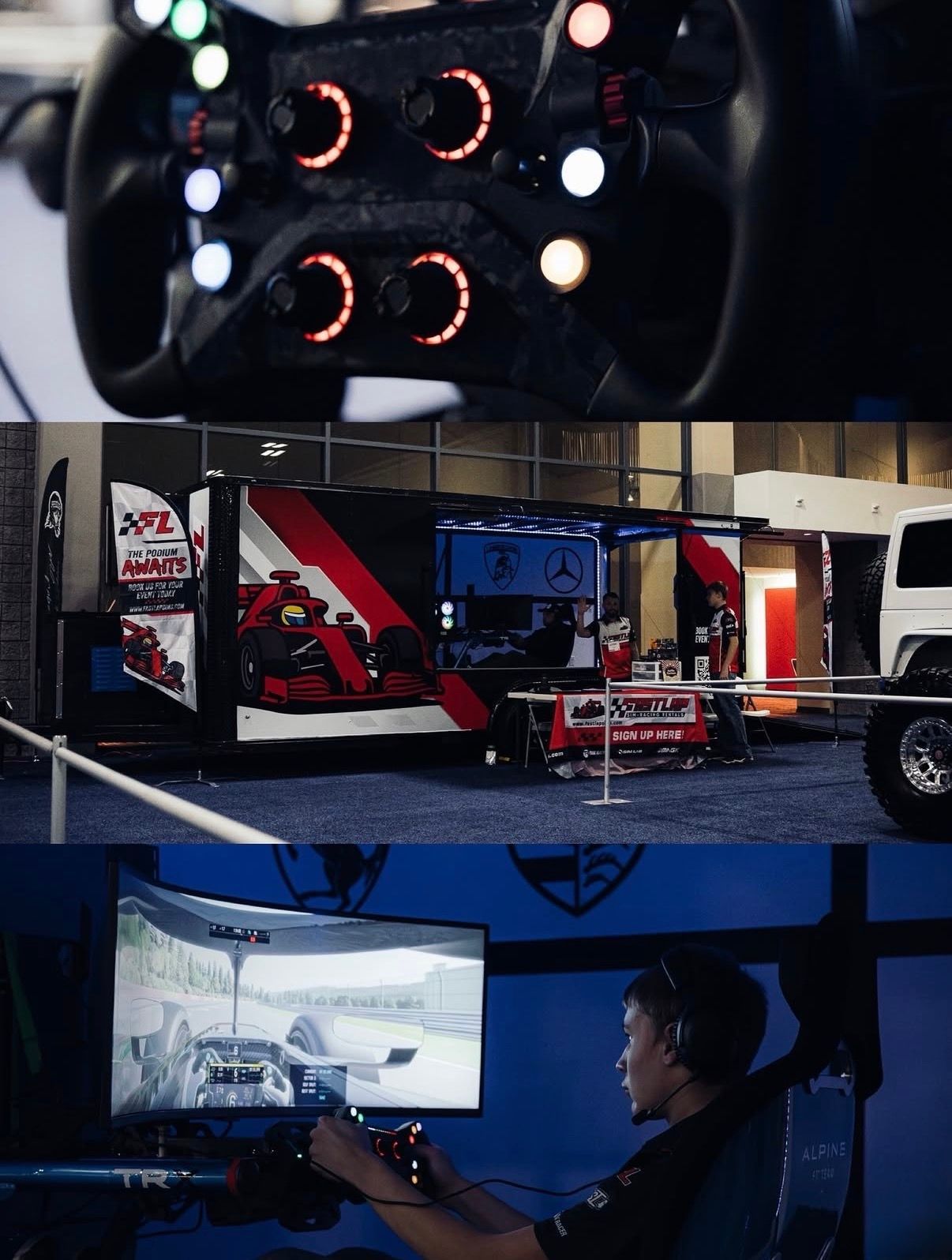 Racing simulator setup with illuminated controls, a red race car, and a driver at multiple screens