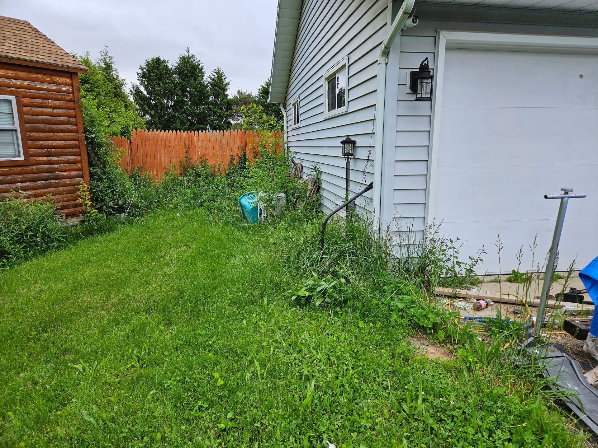 Overgrown yard next to a garage and a small log cabin. Green grass and weeds. Brown fence in the background.