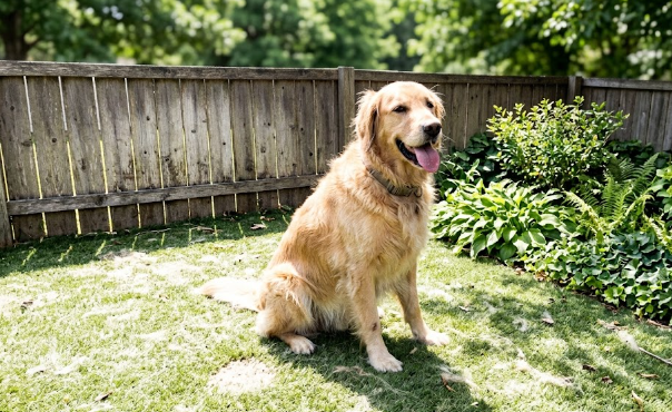 A happy Golden Retriever sitting on a clean, green pet friendly artificial grass lawn in Raleigh.