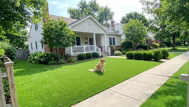 A beautiful home in Raleigh NC featuring a bright green artificial turf front lawn with a dog sitting on it.