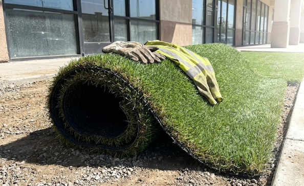 A professional turf installer unrolling durable commercial artificial grass outside a retail store.