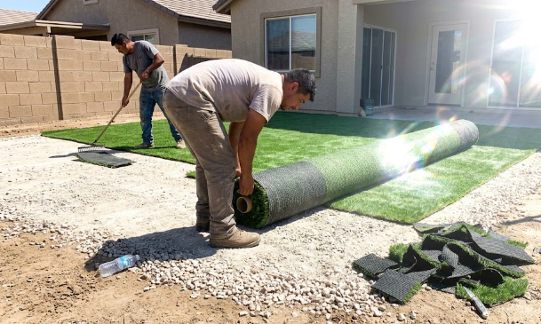 Professional installers carefully rolling out new Raleigh artificial grass in a backyard.