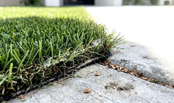 Close up view of premium quality synthetic turf installed seamlessly next to a commercial concrete walkway.