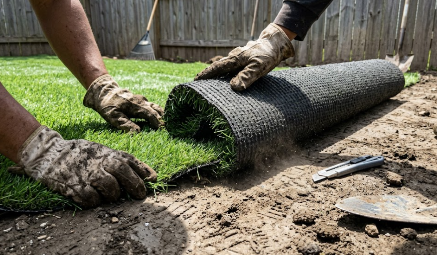 Professional installation team changing artificial grass for dogs with strong, durable turf backing.