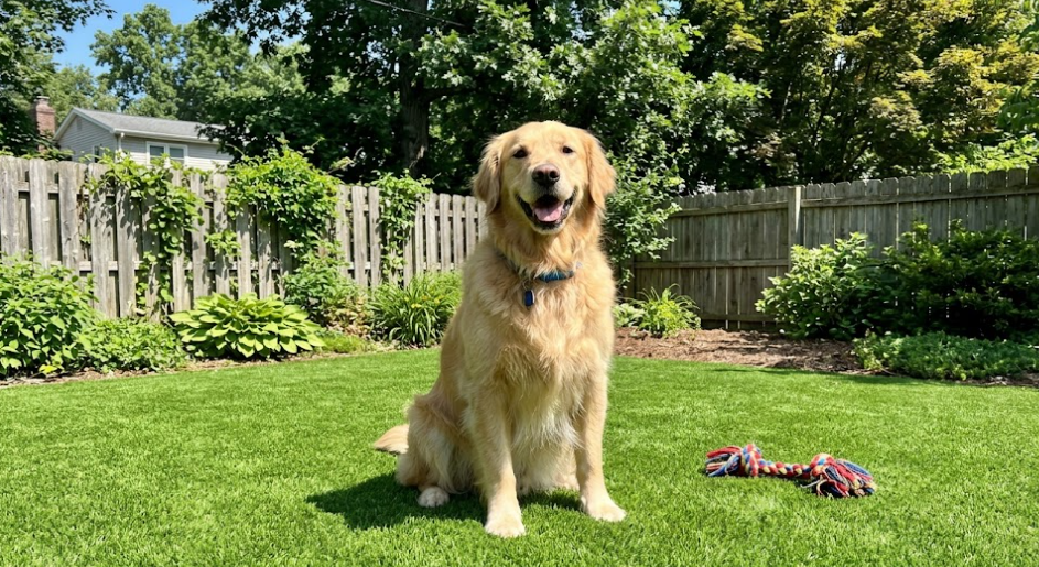 Happy dog sitting on clean, pet-friendly artificial turf in Raleigh.