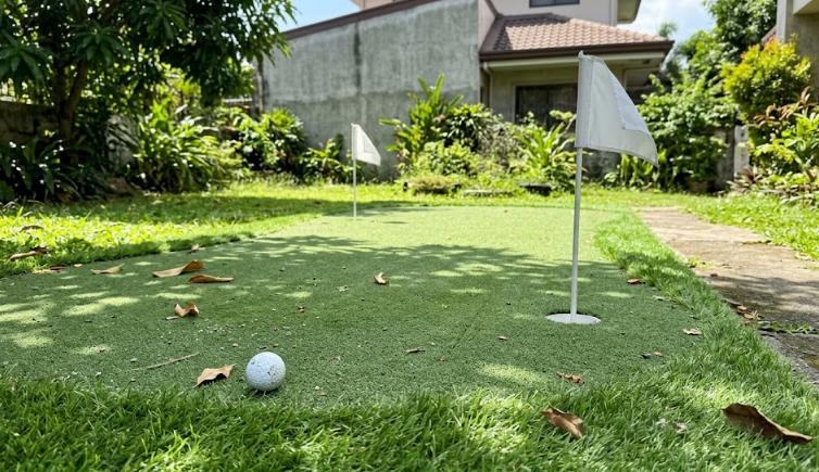A custom backyard putting green made of artificial turf with two golf holes.