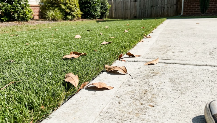 The clean edge of an artificial turf installation meeting a concrete path in a residential yard.