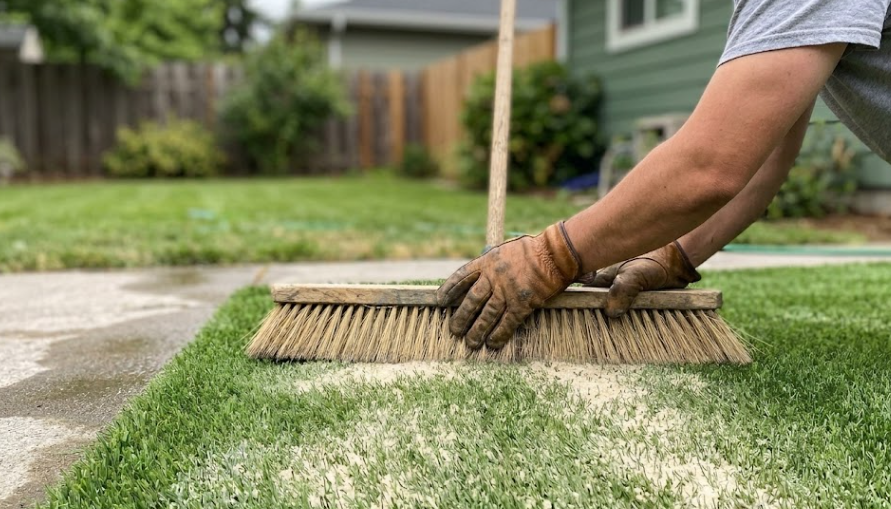 Professional turf installer brushing sand infill into high-quality commercial artificial grass blades.