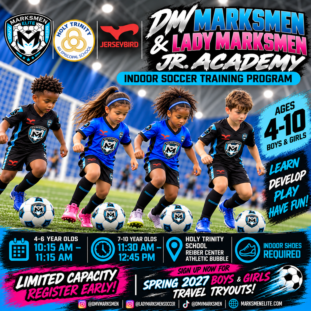 DMV Marksmen soccer player dribbling the ball