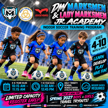 Two DMV Marksmen coaches and two DMV Marksmen players posing on the field