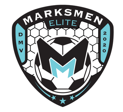 Three DMV Marksmen soccer players pose on a field