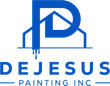 Blue logo for DeJesus Painting Inc. featuring a house outline, the letter "P" dripping paint.