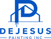 Blue logo for DeJesus Painting Inc. featuring a house outline, the letter "P" dripping paint.
