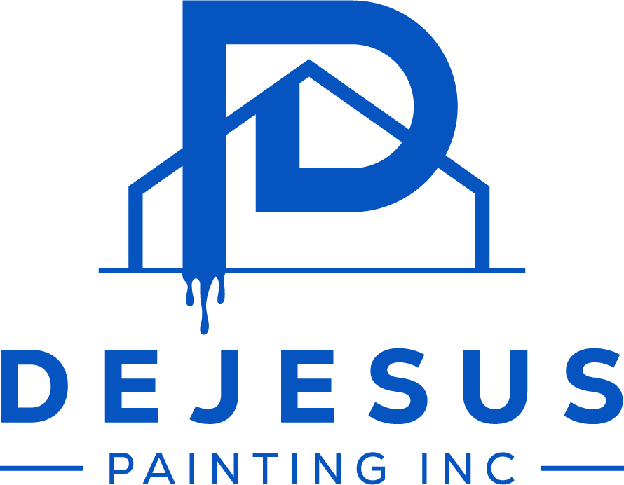 Blue logo for DeJesus Painting Inc. featuring a house outline, the letter "P" dripping paint.