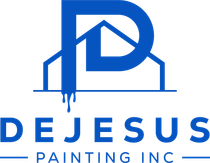 Blue logo for DeJesus Painting Inc. featuring a house outline, the letter "P" dripping paint.