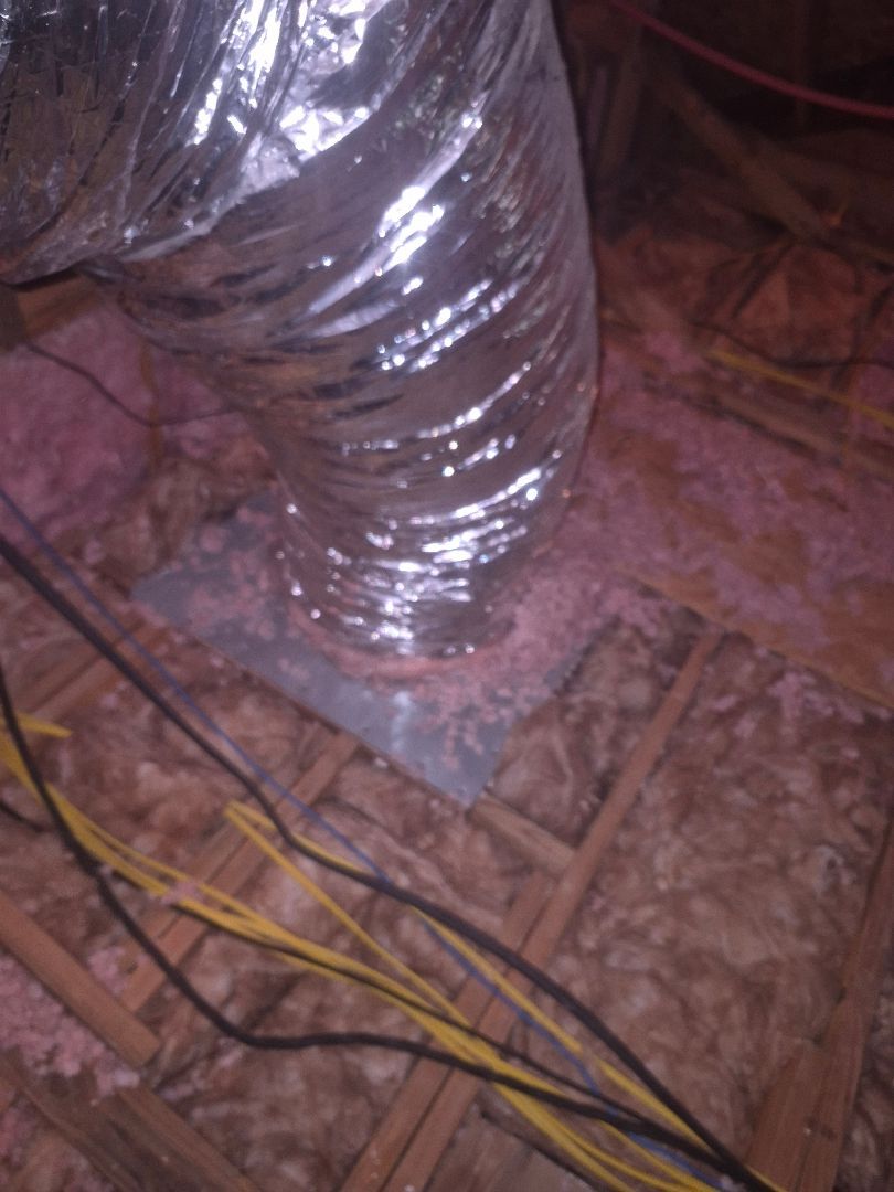 Silver insulated duct pipe over pink insulation and yellow cables in a crawl space