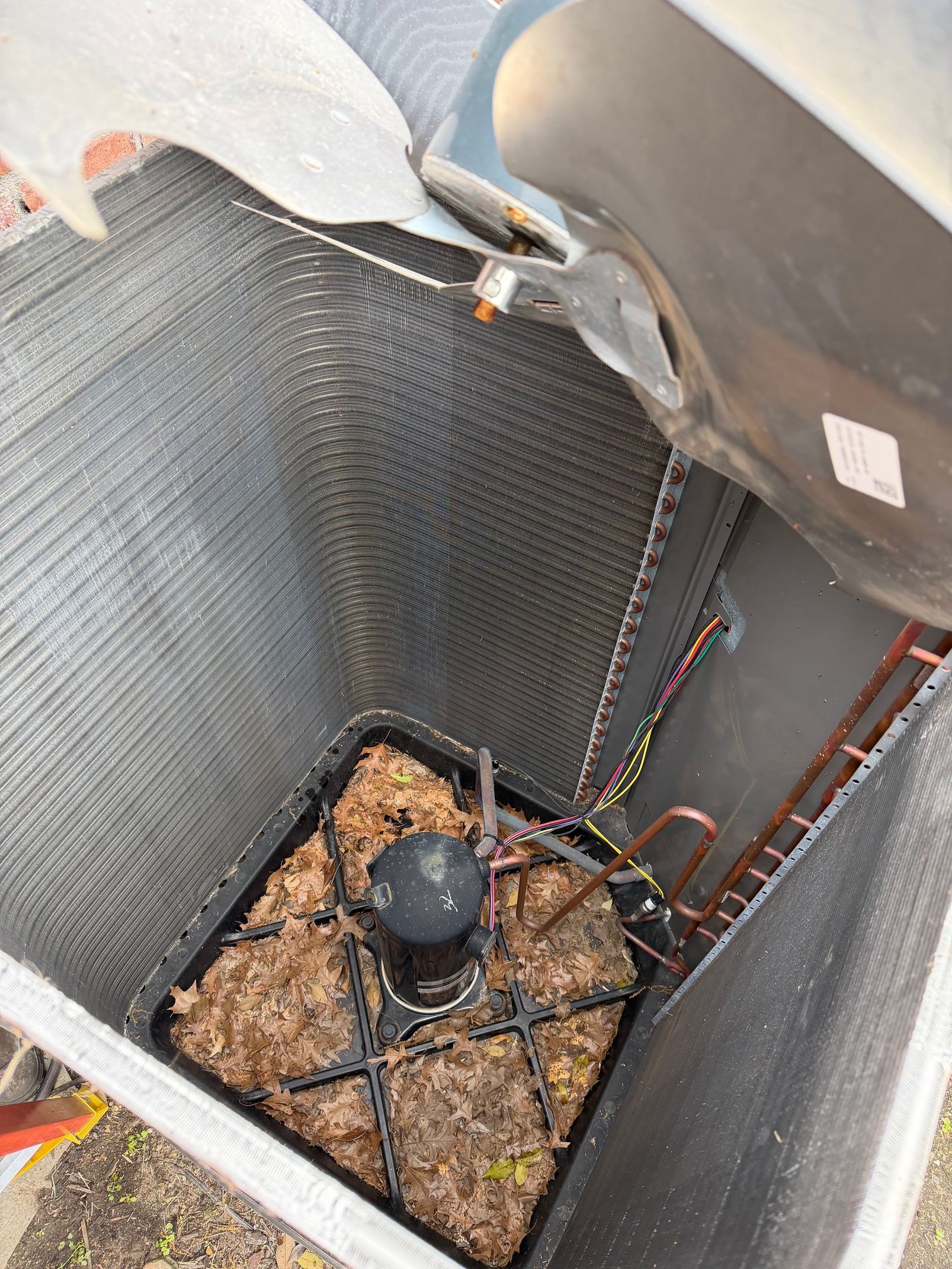 Open hatch showing an insulated compartment with leaves and debris around a black fan or pump unit.