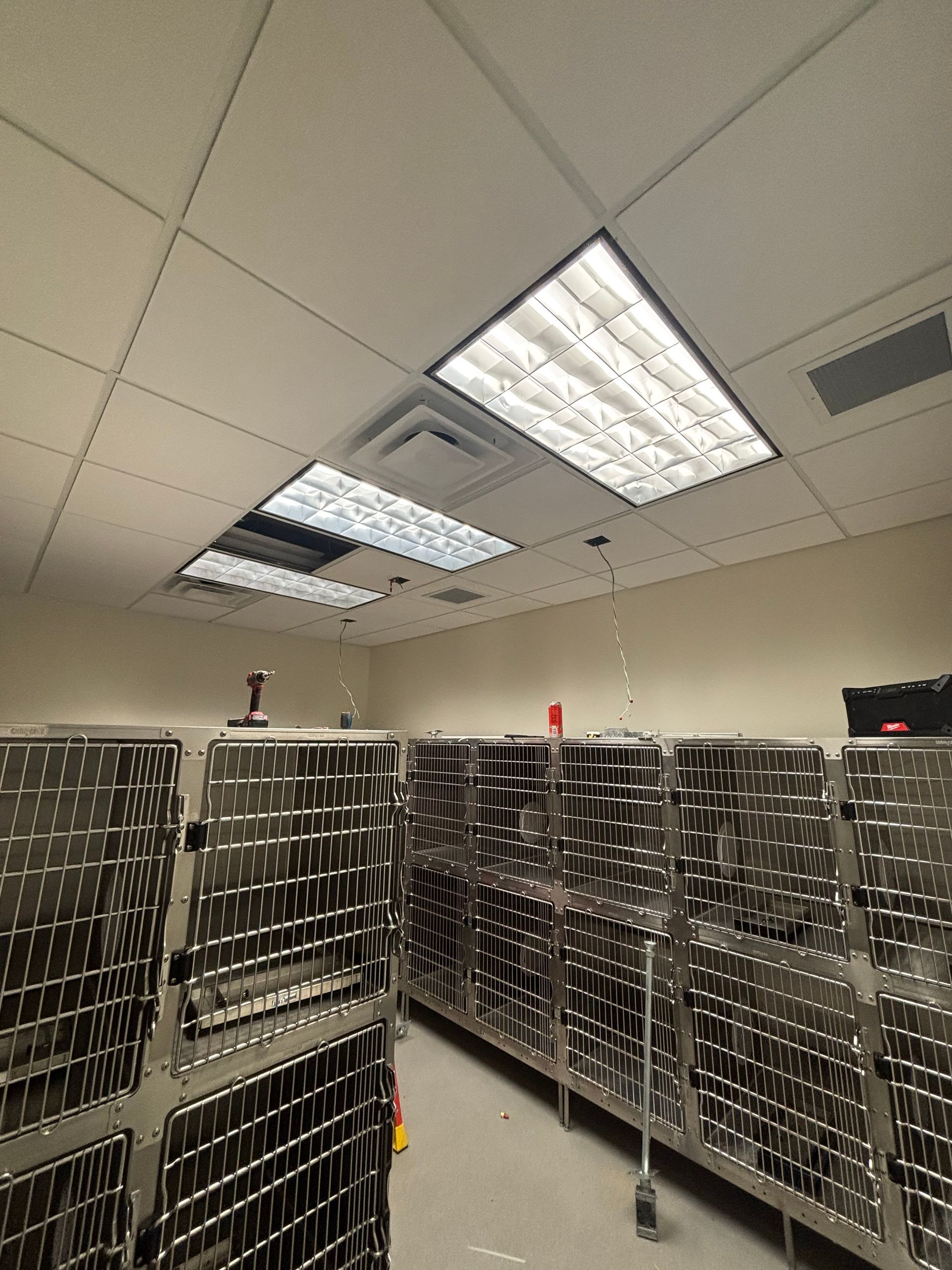 Indoor storage room with rows of metal carts and bright fluorescent ceiling lights