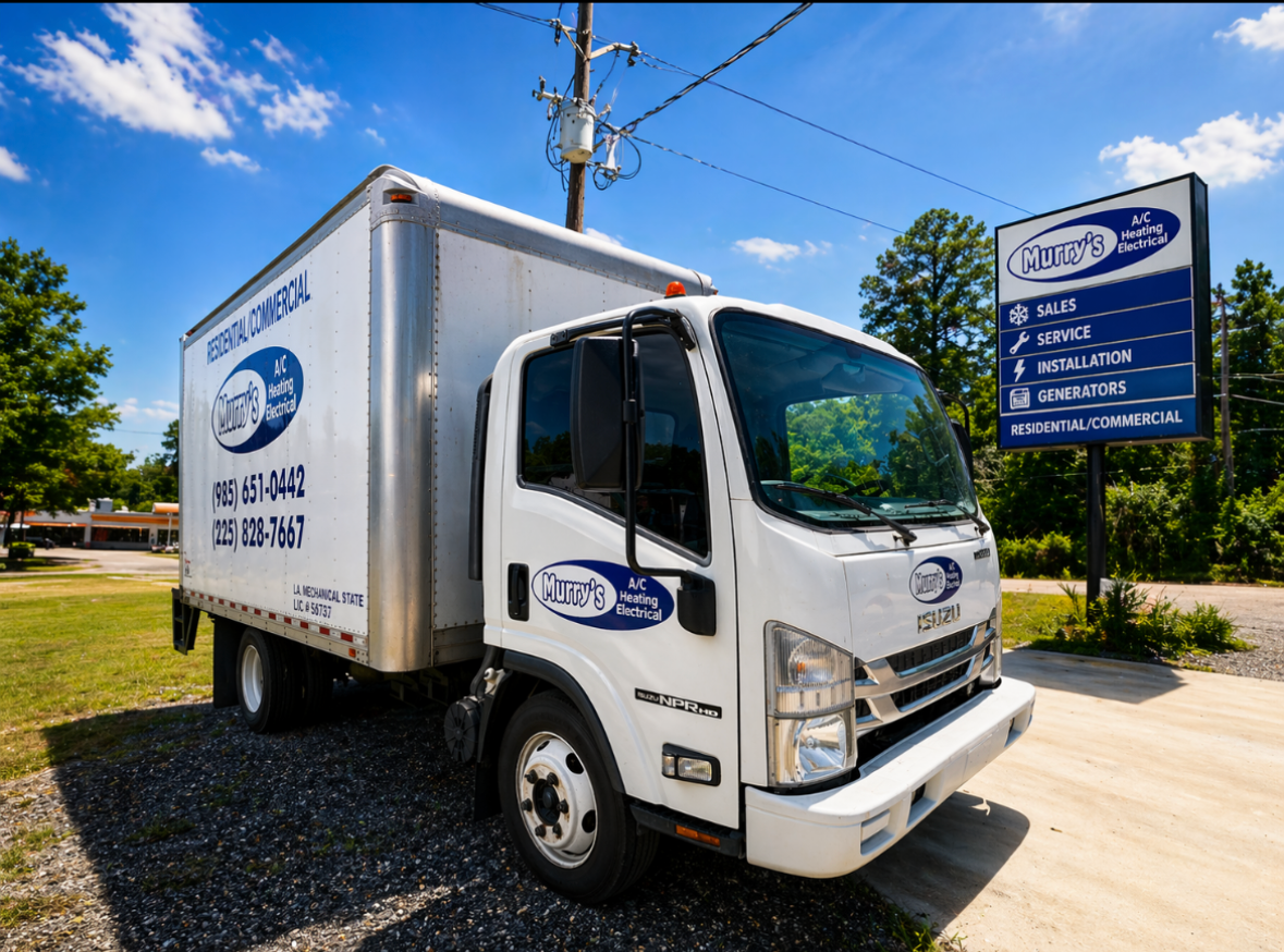 White delivery truck parked by a roadside sign under a blue sky