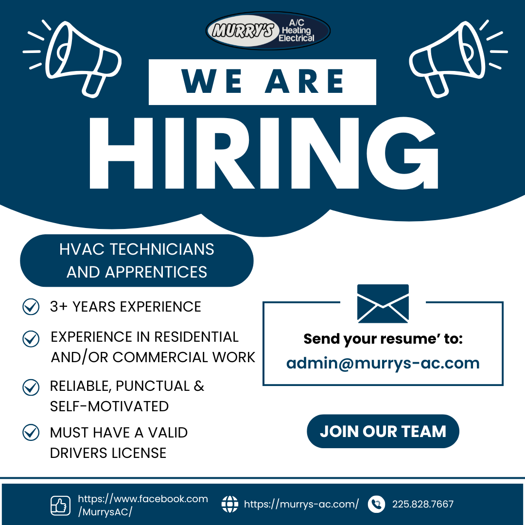 Blue hiring flyer for HVAC technicians and apprentices, with application email and qualifications listed