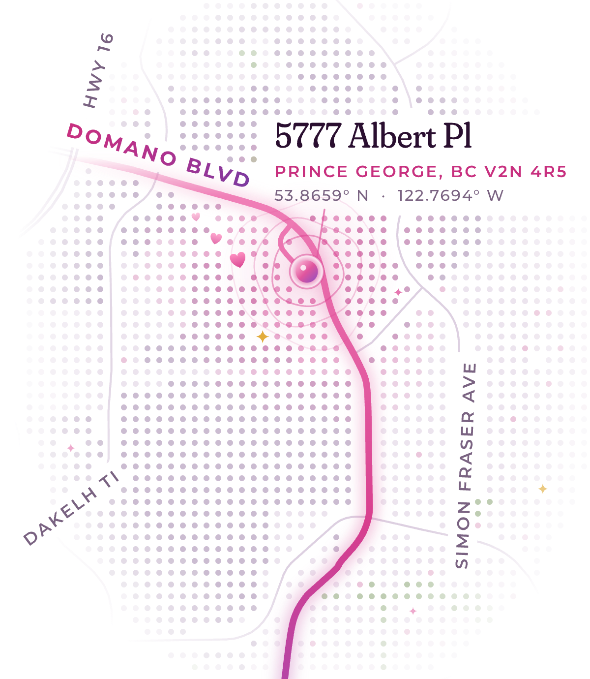 Map of College Heights in Prince George, BC, with a pin on MJB Cannabis at 5777 Albert Place