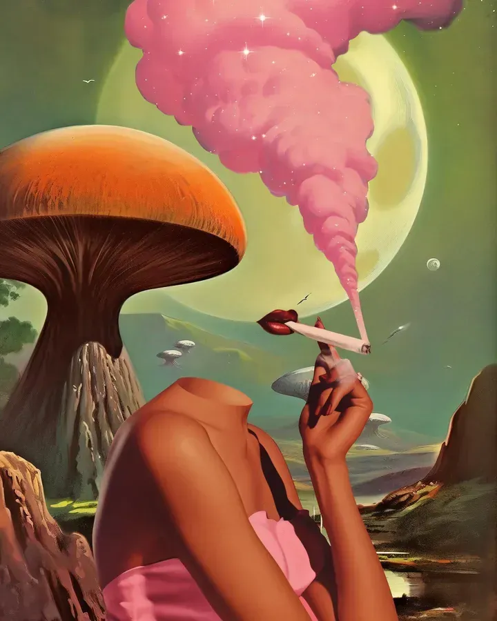 Retro collage: a woman in a pink top holds a joint to floating red lips; pink cosmic smoke rises past a pale green moon and a giant orange mushroom.