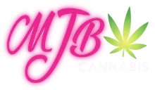 MJB Cannabis logo: pink MJB script with a cannabis leaf