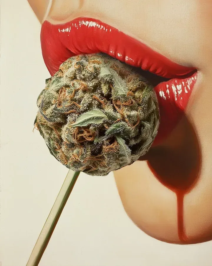 Painting of glossy red lips holding a cannabis bud lollipop on a stick, a drip of red running down the chin.