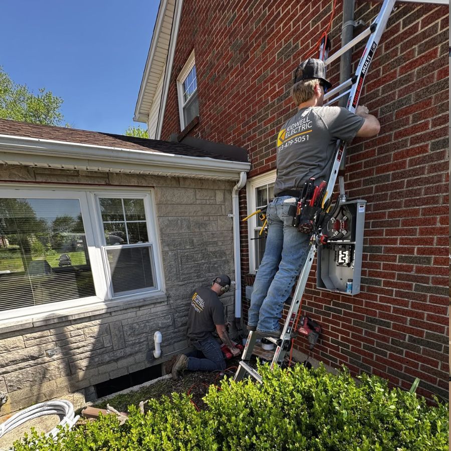 Two workers on ladders repairing the brick exterior of a house
