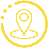 Yellow location pin inside a circular border with three dots on the left, icon on white background